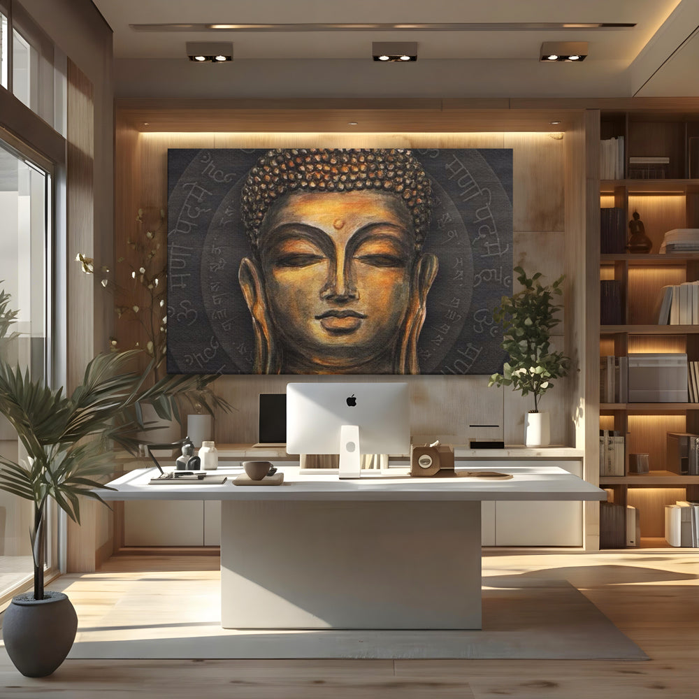 Tablou canvas cu pictura cu chipul lui buddha, fara rama, pe sasiu de lemn, pe perete intr-un birou